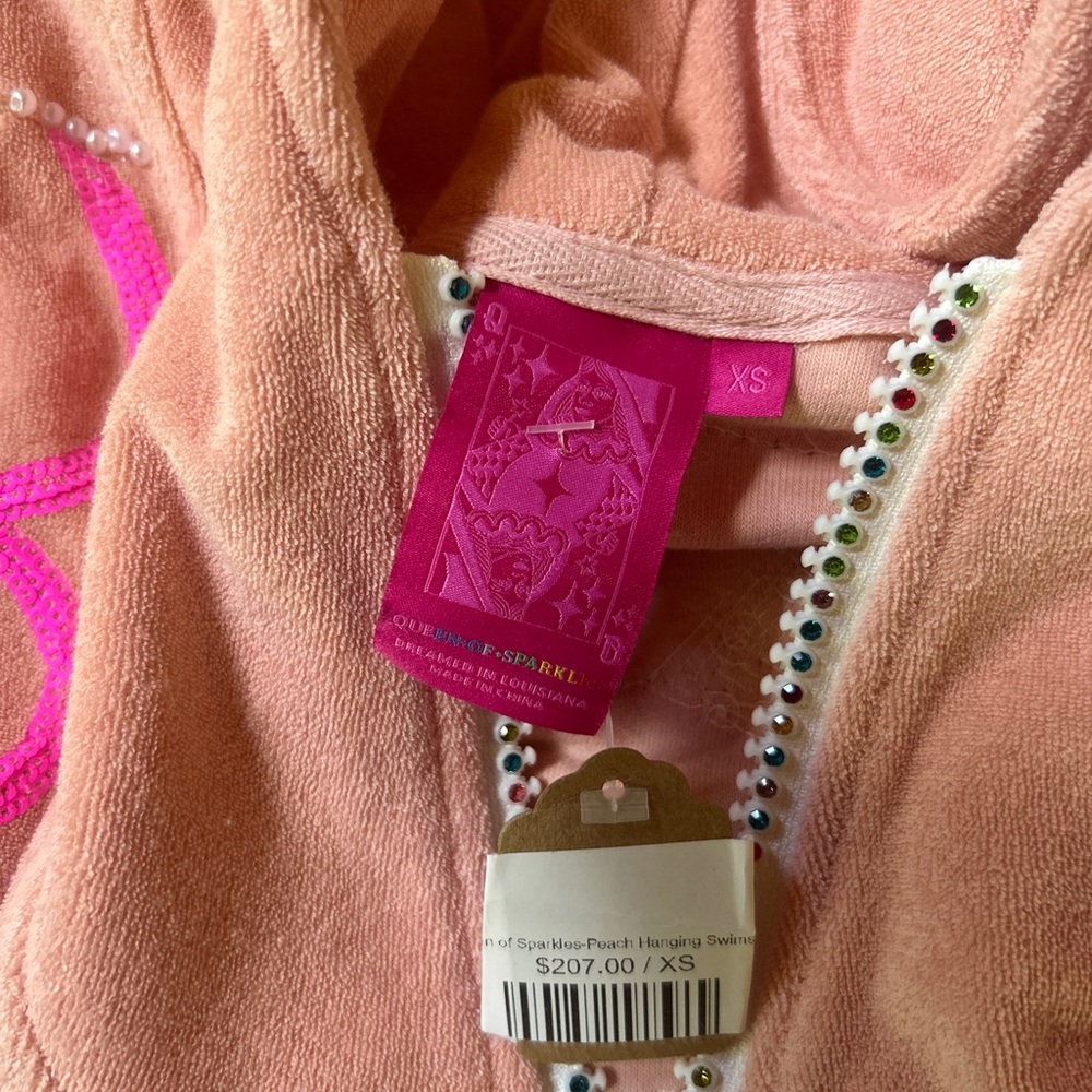 !!SOLD!! NWT QUEEN OF SPARKLES Peach Hood Swimsuit Coverup Poncho Terry - Picture 5 of 5